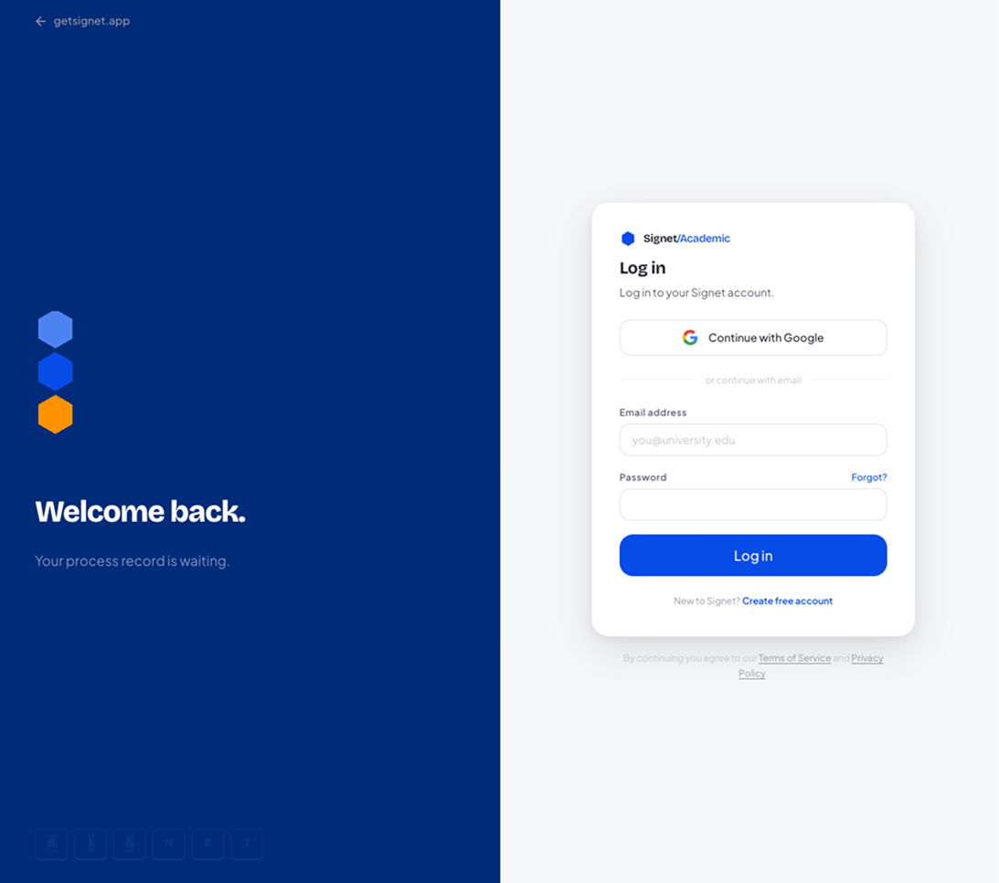Student .edu account connects to Signet — professor verifies from any browser